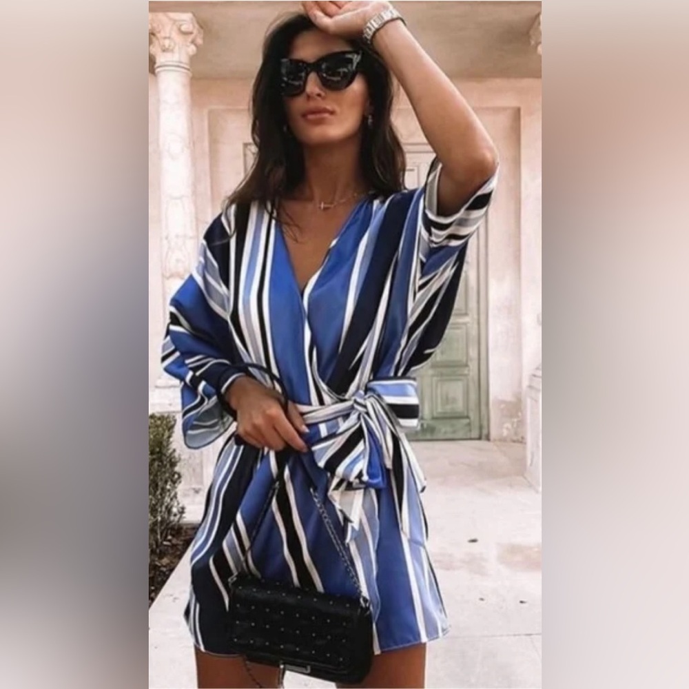 ZARA Spring Blue and White Stripe Satin Wrap Mini Romper Dress - Sz. Small - Picture 3 of 7